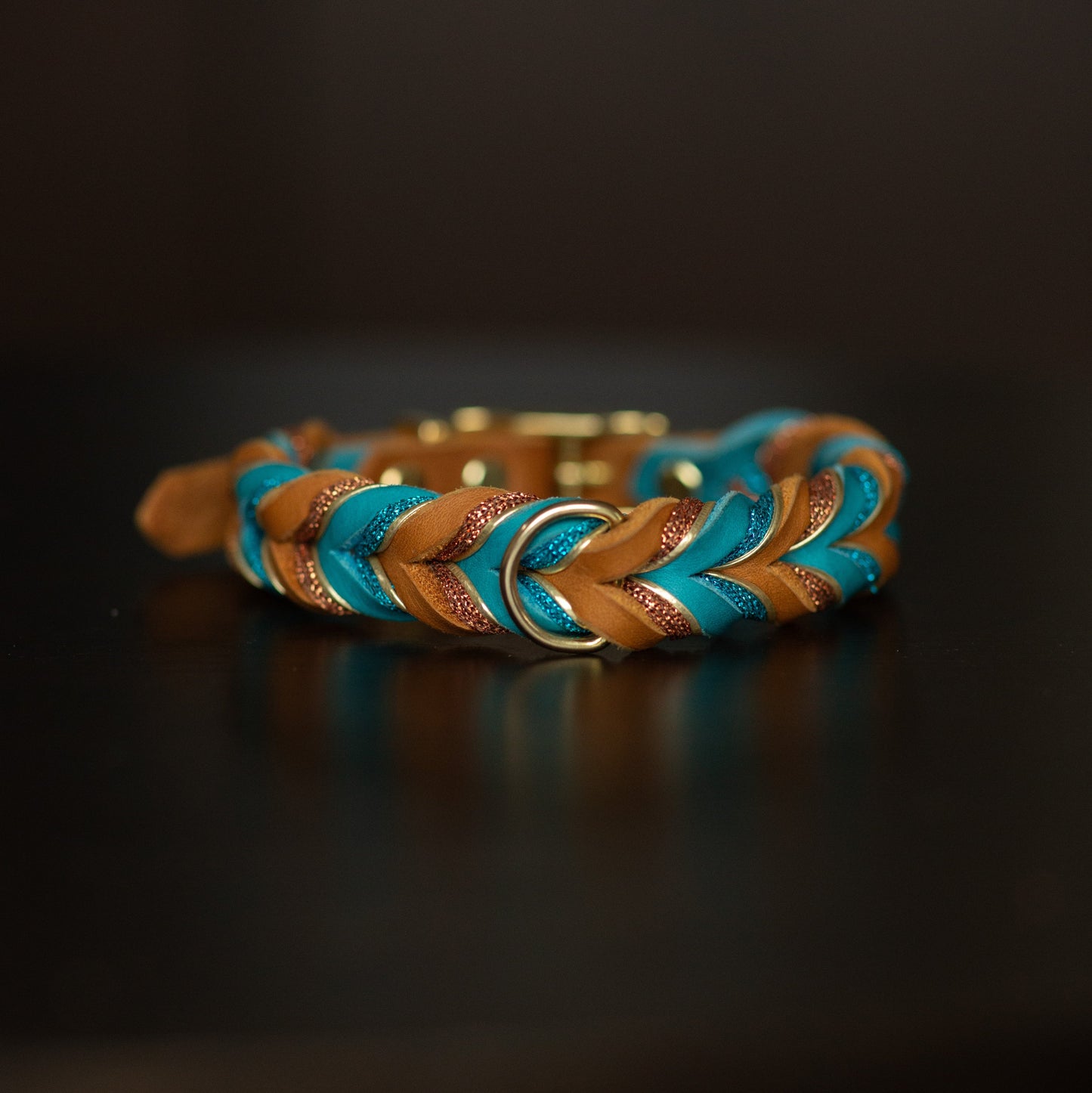 Fast Halsband 15mm - Cognac & Turkos 32 + 7