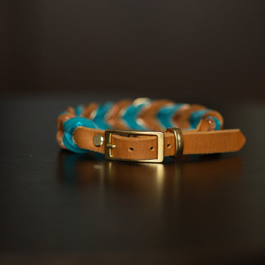 Fast Halsband 15mm - Cognac & Turkos 32 + 7